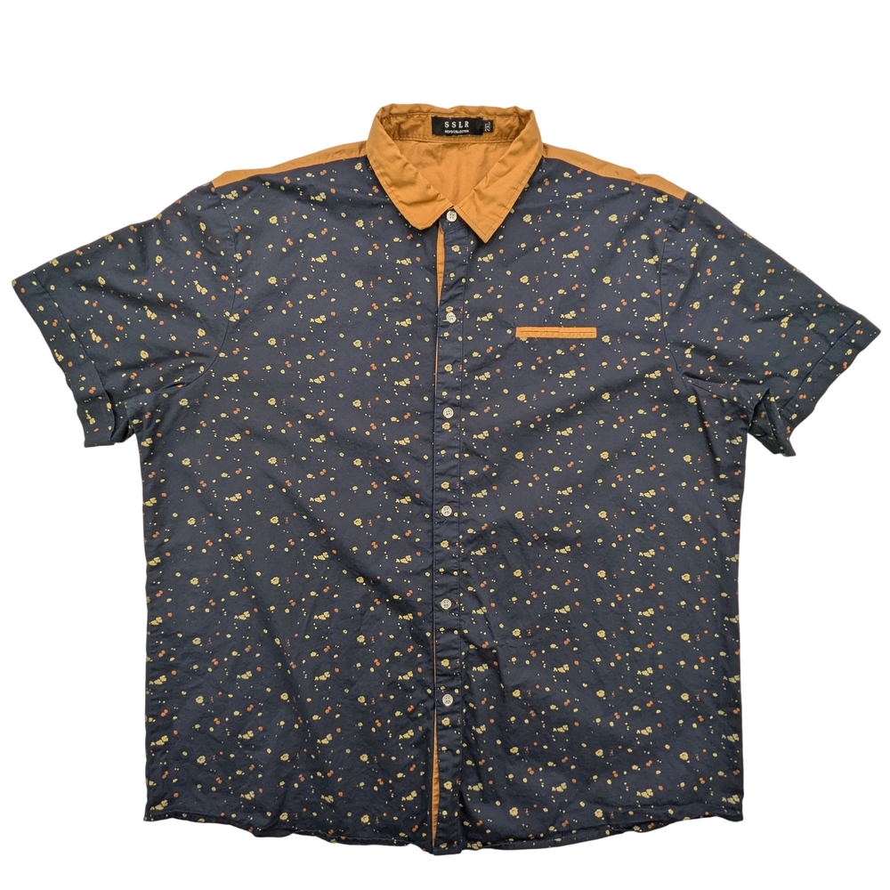 SSLR Shirt Mens XL Short Sleeve Button Up Navy Brown Floral Pattern Casual